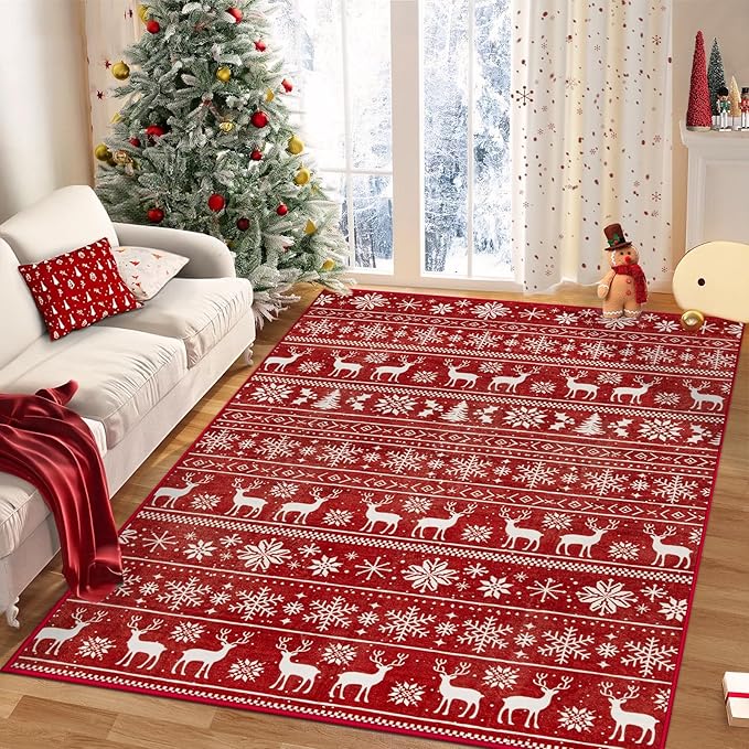 Christmas Rug 4x6 Washable Rugs, Boho Christmas Tree Snowflake Rug Non-Slip Soft Low Pile Non Shedding Indoor Holiday Carpet for Living Room Bedroom Dining Room Home Office (XmasRed, 4'x6')