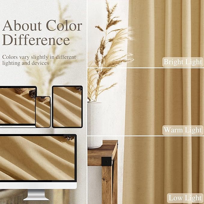 Nanspring Gold Yellow Linen Curtains 96 Inches Long 2 Panels Set for Living Room Rod Pocket Back Tab Semi Sheer Light Filtering Protect Privacy Gold Yellow Curtain for Bedroom Floor Length 52x96