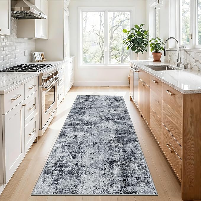 2x5 Washable Runner Rug for Hallway: Non Slip Entryway Runners Rugs Easy-to-Clean - Soft Living Room Bedroom Carpet - Thin Low Pile Floor Mat for Dining Room Black Grey