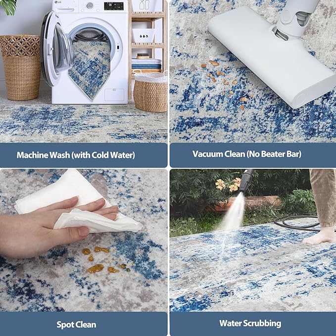 Runner Rug for Hallways Kitchen 2'6"x8' Washable Non Slip: Carpet Non Skid 8ft Entryway Rubber Backed 8 Feet Neutral Abstract Modern Rug Low Pile Pet Friendly Indoor Blue Grey White