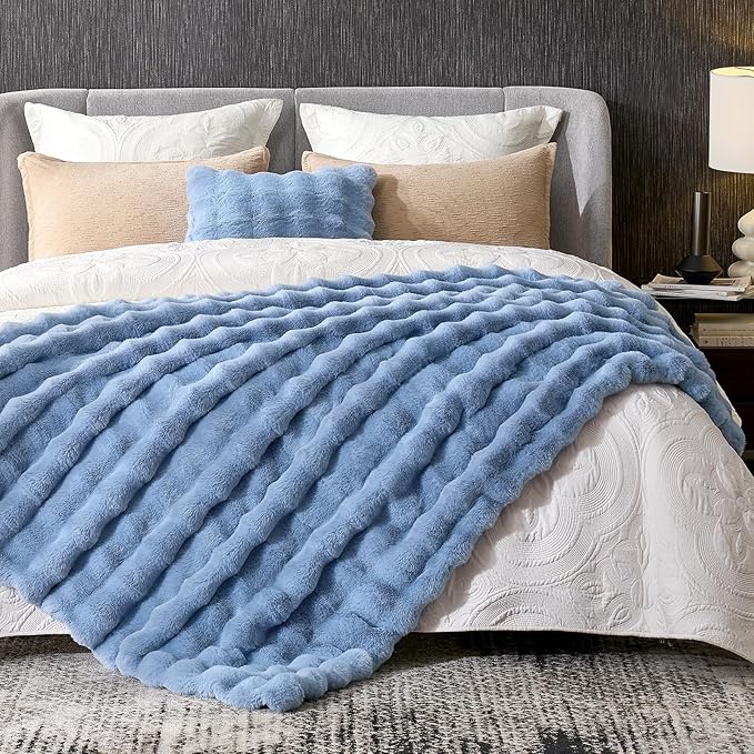 Cozy Bliss Faux Fur Bubble Throw Blanket for Couch, Fuzzy Soft Plush Thick Blanket for Sofa Bed Gift, 50x60 Inches Misty Blue