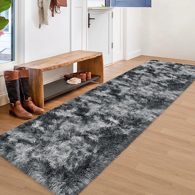 Tie-Dyed Dark Grey 2x8 Machine Washable Runner Rugs for Hallway Soft Fluffy Shaggy Bedside Rugs for Bedroom Living Room Indoor Floor Carpet for Kids Girls and Boys Nursery Rooms Home Decor Aesthetic