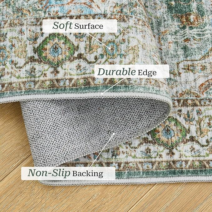 Madane Hallway Runner Rug 2x12, Extra Long Washable Runner Rugs with Rubber Backing, Non Slip Carpet Runner for Hallway, Vintage Rug Runners for Kitchen Laundry Room Entryway (Green, 2'x12')