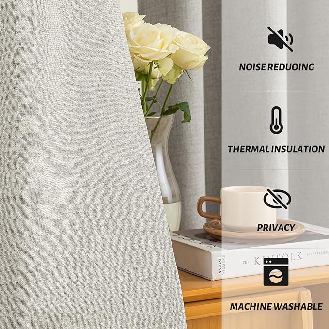 Yakamok Oatmeal Linen Curtains 100% Blackout 63 Inches Long,Room Darkening Textured Curtains for Living Room Thermal Grommet Bedroom Curtains 2 Panels with White Liner
