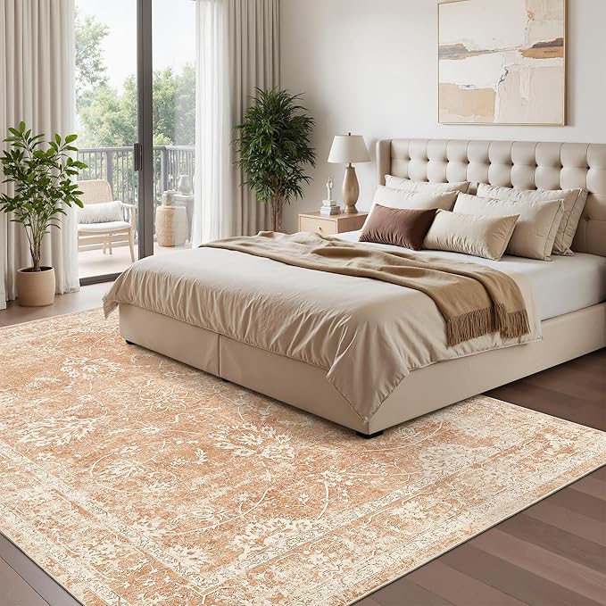 Madane Washable 6x9 Area Rugs for Living Room, Vintage Rug with Non-Slip Backing, Soft Stain Resistant Throw Rugs Thin Carpet for Bedroom Dining Room Farmhouse (6 x 9, Jasper Orange)