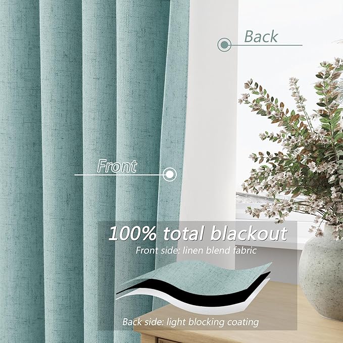 Guken 100% Blackout Linen Curtains 120 Inch Length 2 Panels Set for Living Room Bedroom Back Tab Thermal Insulated Black Out Linen Drapes Room Darkening Window Curtains,Light Blue