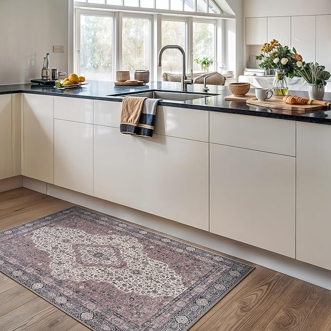 Area Rug 3' x 5' Cream Machine Washable Non-Slip Polyester