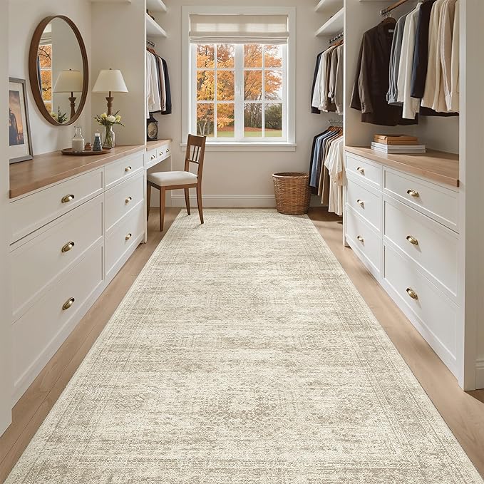 Soalmost 4x12 Wide Hallway Runners: Washable 12ft Runner Rug for Entryway Living Room Soft Vintage Non Slip Carpet Runner for Kitchen Dining Room Nursery Bedroom (Beige, 4x12ft)