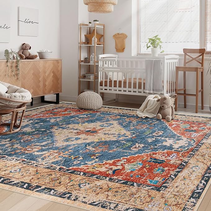 Area Rug 5x7 Washable Rug, Vintage Boho Medallion Rugs Non-Slip Soft Low Pile Large Distressed Rug Indoor Retro Carpet for Living Room Bedroom Dining Room Office (TribalMedallionMulti, 5'x7')