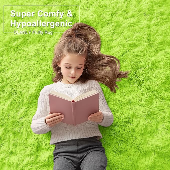 OLANLY 8x10 Machine Washable Large Area Rugs for Living Room, Bedroom, Soft Fluffy Shaggy Bedside Rug, Indoor Floor Carpet for Kids Girls and Boys, Dorms, Nursery, Home Decor Aesthetic, Lime Green