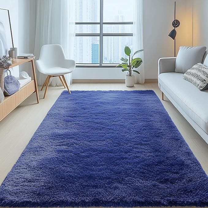 OLANLY 5x5 Area Rugs for Living Room Bedroom, Machine Washable Soft Fluffy Shaggy Bedside Rug, Indoor Floor Carpet for Kids Girls and Boys, Dorms, Nursery Rooms, Home Decor Aesthetic, Navy Blue