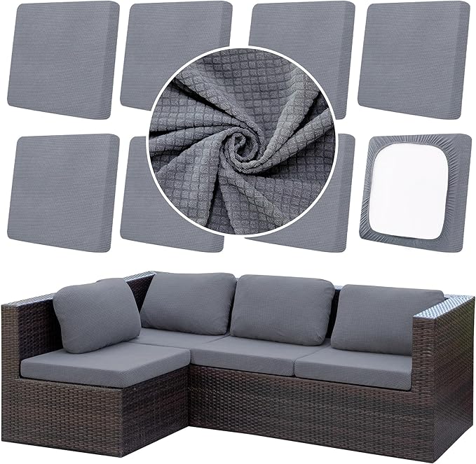 8Pcs Outdoor Cushion Covers, Patio Cushion Covers,Stretch Elastic Slipcovers, Replacement Washable & Reusable Furniture Protector for Patio Couch,Thick Jacquard Fabric(Grey, Cover Only)