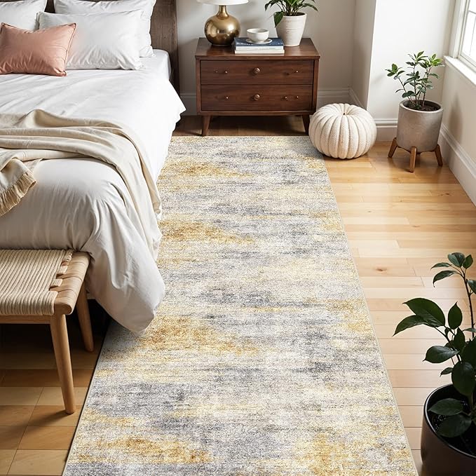 2x6 Washable Kitchen Runner Rug: Modern Abstract Runners for Hallway Soft Non Slip Rugs with Rubber Backing Low Pile Thin Floor Carpet for Entryway Bedroom Bathroom Bedside Indoor(Grey/Yellow,2x6)