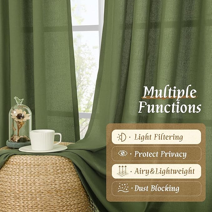 LAMIT Linen Blended Curtains 84 inch for Living Room, Linen Textured Light Filtering Drapes Rod Pocket Boho Panels for Farmhouse/Living Room, 2 Panels, 52 x 84 Inch, Olive Green
