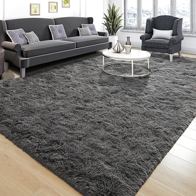 Tepook Area Rugs 9x12 for Living Room, Super Soft Fluffy Rugs for Bedroom, Modern Shaggy Rug Fuzzy Carpets for Kids, Plush Indoor Nursery Home Decor Rug with Non-Slip Bottom, Dark Grey