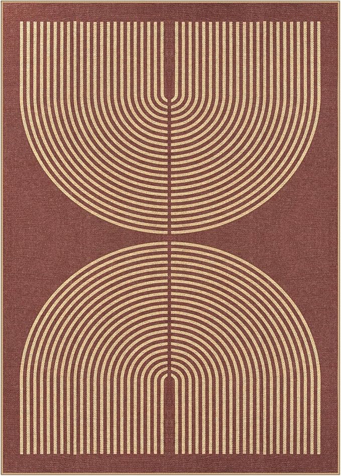 Lahome Enfys Modern Rainbow Easy Jute Outdoor Rug 5x7, Stain Resistant Red Dining Room Patio Rug, Farmhouse Non Slip Non Shedding Indoor Outdoor Carpet for Living Room Office Bedroom Deck Backyard