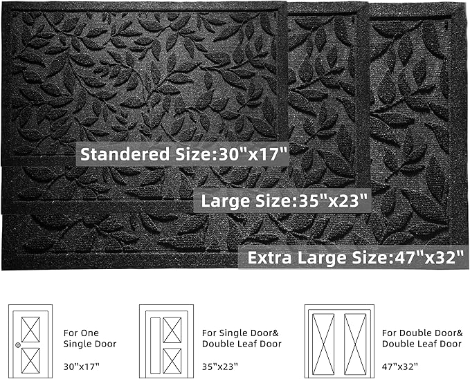 Black Leaves Outdoor Indoor Entrance Door mat, Absorbent Durable Heavy Duty Welcome Front Door Mat,Thick Natural Rubber Back,Easy Clean Entryway Mat 47x32 Inch, Low Profile