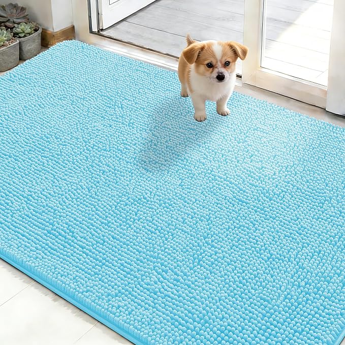 OLANLY Dog Door Mat for Muddy Paws 48x30, Absorbs Moisture and Dirt, Absorbent Non-Slip Washable Doormat, Quick Dry Chenille Mud Mat for Dogs, Entry Indoor Entryway Carpet for Inside Floor, Blue
