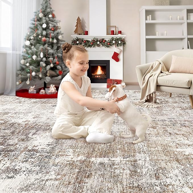 Area Rug Living Room Rugs - Washable Neutral Modern Abstract Soft Thin Rug Indoor Floor No Slip Rug Carpet for Bedroom Under Dining Table Home Office Decor - Brown/Grey/Red - 6x9