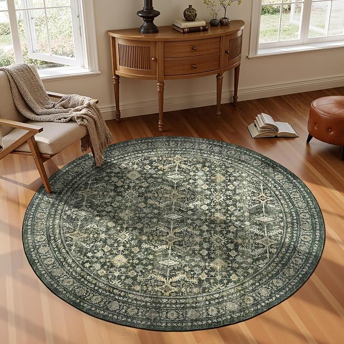 Lofus 4ft Area Rugs for Living Room, Green Washable Area Rug with Non-Slip Backing,Soft Boho Carpets for Bedroom Dining Room Home Office Indoor Nursery