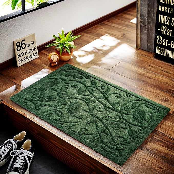 Boho Green Floral Leaves Outdoor Indoor Entrance Doormats, Absorbent Durable Heavy Duty Welcome Front Door Mat,Thick Natural Rubber Back,Easy Clean Entryway Mat 23x35 Inch, Low Profile
