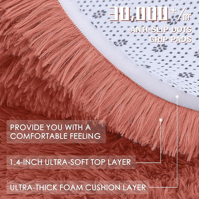 OLANLY Rust Red Round Rugs for Bedroom - Machine Washable, 5 ft Circle Area Rugs for Living Room, Soft and Fluffy Shaggy Carpet for Teen Girl and Boys, Nursery Rooms, Dorms, Home Decor Aesthetic