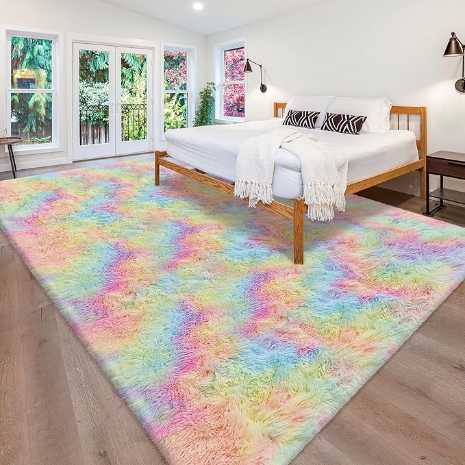 Fluffy Rainbow Colorful Area Rug for Living Room 8x10 Kawaii Tie Dye Rug Fuzzy Indoor Floor Unicorn Rug for Bedroom Girls Kids Nursery Baby Princess Room Dorm Home Decor Aesthetic Carpets