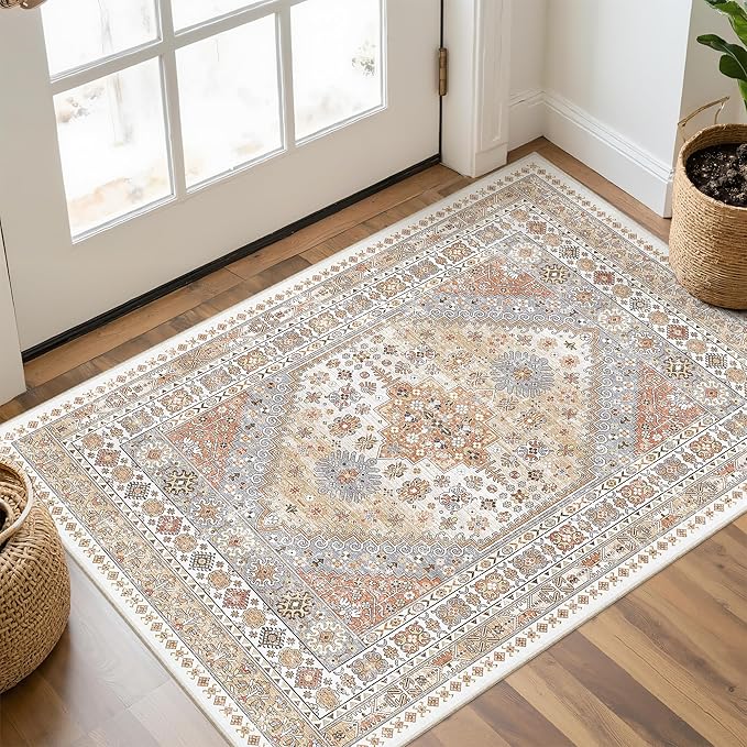 3x4 Washable Area Rug for Entryway, Soft Kitchen Rugs Non Slip for Dining Room, Vintage Living Room Rug, Thin Area Rugs Indoor for Bedroom, Kids Room Decor(Orange,3'x4')