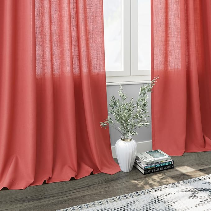 Nanspring Watermelon Red Linen Curtains 102 Inches Long 2 Panels,Back Tab Rod Pocket Semi Sheer Curtain Light Filtering Boho Extra Long Drapes Neutral Farmhouse Decor for High Window 52x102