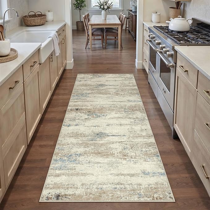 2x6 Runner Rug Washable Beige Brown Abstract Modern Neutral Hallway Carpet Non Slip Low Pile Indoor Kitchen Carpet Contemporary Aesthetic Long Rug Bathroom Bedroom Laundry