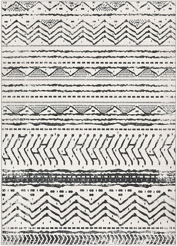Nakagishi Area Rug Living Room Rugs: 6X9 Machine Washable Boho Large Neutral Farmhouse Stain Resistant Moroccan Indoor Floor Carpet for Bedroom Nursery Dorm Dining Room Home-Ivory Black