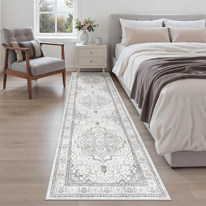 Madane Runner Rug 2x8, Washable Hallway Runner Rugs, Non-Slip Low-Pile Soft Kitchen Rug Runner Laundry Room Rug, Vintage Throw Entry Foyer Mat for Entrance Living Room (Grey, 2 x 8)