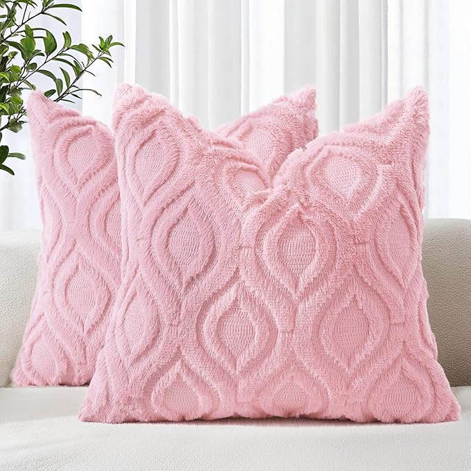 decorUhome Summer Throw Pillow Covers 24x24 Inch Set of 2, Soft Plush Faux Wool Light Pink Solid Couch Pillow Covers, Accent Euro Sham Farmhouse Neutral Square Pillow Cases for Sofa Bed Living Room