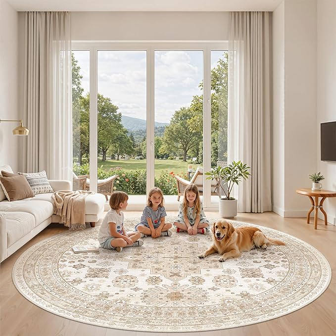 zesthome 8ft Round Rugs for Living Room, Non-Slip Washable Round Area Rugs, Ultra-Thin Large Circle Rugs, Soft Low Pile Rug for Bedroom, Kitchen - Vintage Stain Resistant Round Rug (Cream/Beige,8'x8')