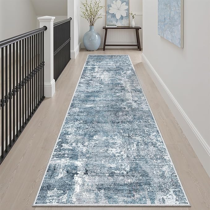 Runner Rug 2x8 Washable Non-Slip Hallway Runner Rugs for Kitchen Bathroom Laundry Room Blue/Grey Vintage Floor Carpet Runners for Hallways Entryway