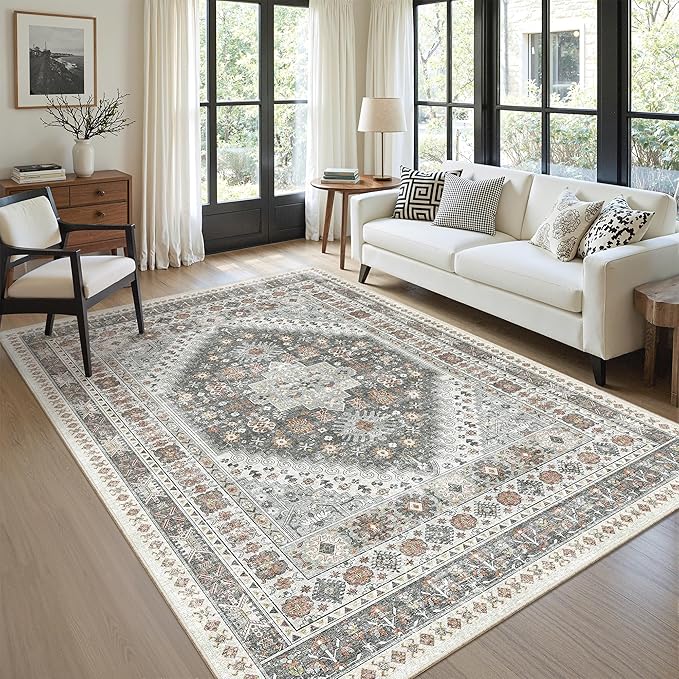 zesthome 6x9 Area Rug, Super Soft Washable Rugs for Living Room, Non-Slip Stain Resistant Vintage Rugs, Ultra-Thin Large Area Rugs (Grey/Orange,6'x9')