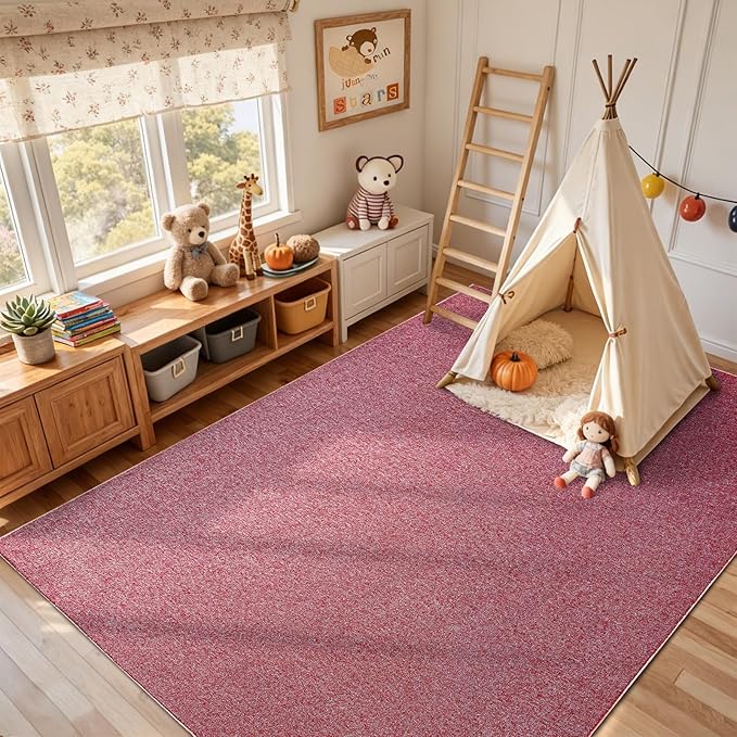 FinRèc 6x9 Washable Area Rugs for Bedroom Living Room, Low Pile Thin Rug Solid Color, Non-Slip Carpet Indoor for Home Decor (Red)