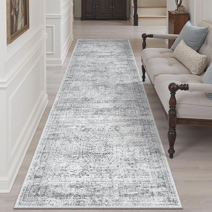 Runner Rug 3x8 Washable Non-Slip Hallway Runner Rugs for Kitchen Bathroom Laundry Room Grey Vintage Floor Carpet Runners for Hallways Entryway