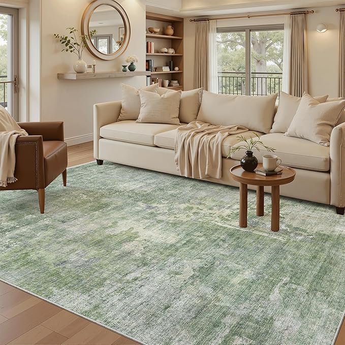 Area Rug 6x9 Abstract Rugs for Living Room 6 x 9 Washable Rugs Green Non Slip Low Pile Rugs for Bedroom Dining Room Foldable Thin