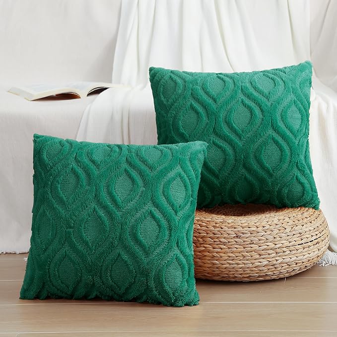 decorUhome Throw Pillow Covers 20x20 Inch Set of 2, Soft Plush Faux Wool Green Solid Couch Pillow Covers, Accent Farmhouse Neutral Square Pillow Cases for Sofa Bed Living Room