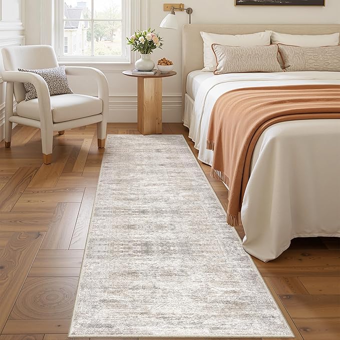 Rug Runners for Hallways Non Slip - 2x8 Runner Rug for Bedroom, Washable Runner with Rubber Backing, Soft Low-Pile Carpet for Kitchen, Laundry, Bathroom (2'x8', Brown/Grey/Ivory)