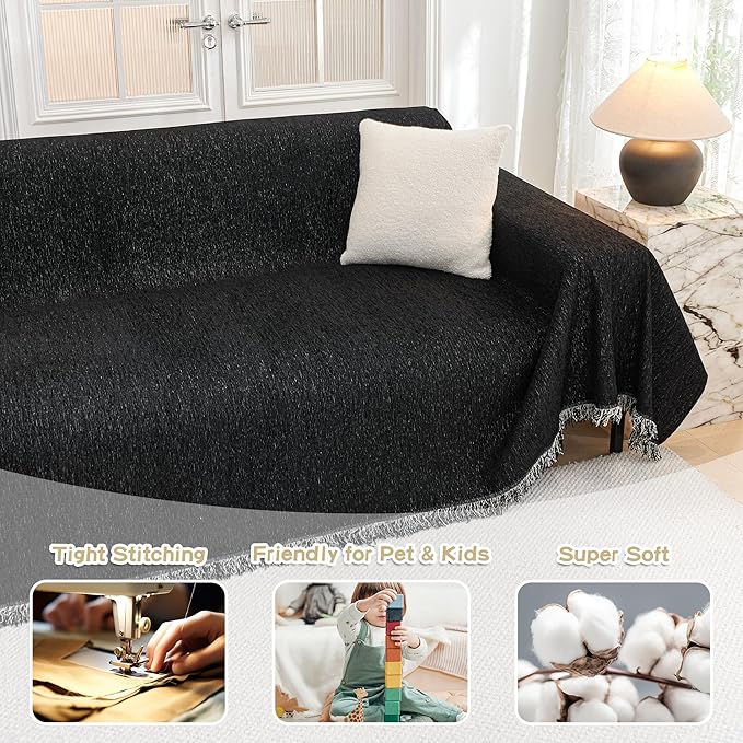 MYSKY HOME Oversized Couch Cover Sofa Covers Couch Covers for 3 Cushion Couch Sofa Pet Friendly L Shaped Couch Cover Sectional Couch Covers Non Slip Furniture Protector for Kids, Dogs, 91"x150", Black