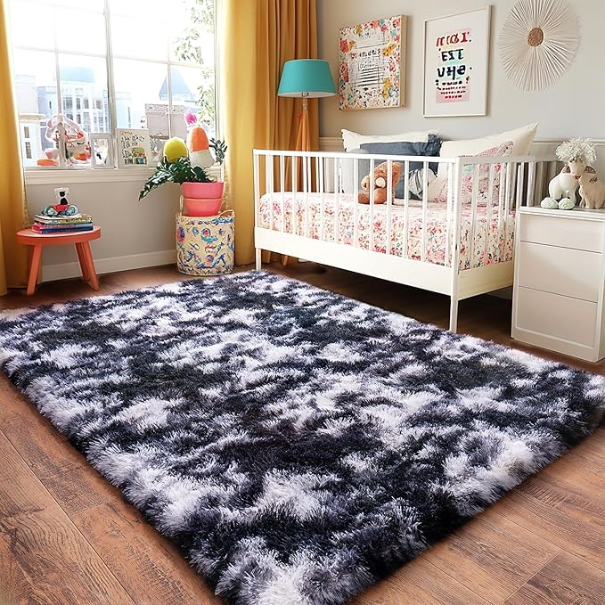 Black and White Rug for Living Room, 6x9 Area Rug for Bedroom, Bedside Indoor Floor Fluffy Shag Carpet, Plush Soft Rug for Boys Girls Kids Room Nursery Dorm Home Decor