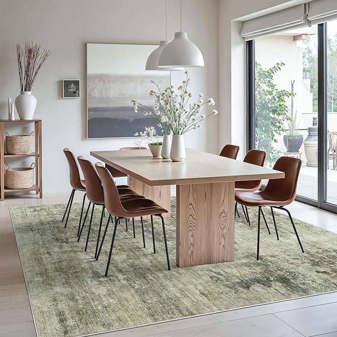 Abstract Rug 8x10 Large Living Room Neutral Modern Washable Area Rugs for Bedroom Dining Room Non-Slip Stain Resistant Foldable Thin Green Black