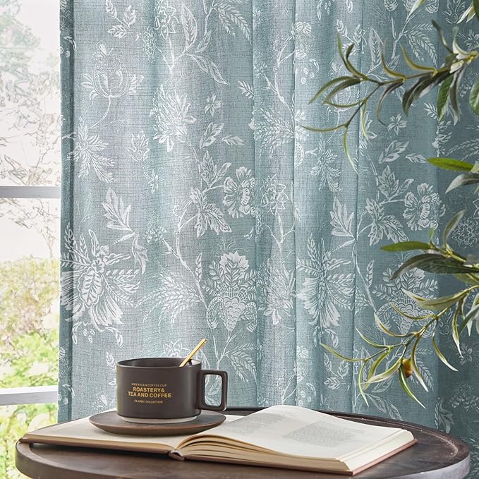 jinchan Linen Floral Curtains for Living Room, 96 Inch Length Curtains with Printed Flower Light Filtering Curtain, Rod Pocket Back Tab Blue Window Treatment Set Bedroom Curtain, 2 Panels Blue