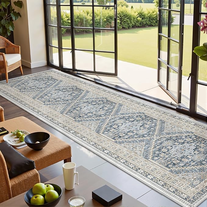 Hallway Runner Rug 2x12, Extra Long Washable Runner Rugs with Rubber Backing, Non Slip Runner, Vintage Rug Runners for Kitchen Laundry Room Entryway (Blue/Beige,2'x12')