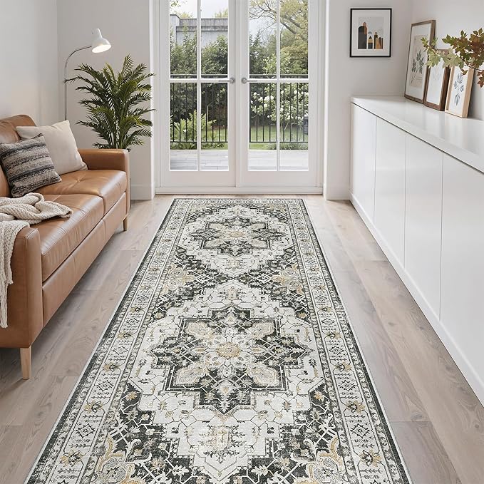 Madane Hallway Runner 3x8, Kitchen Rugs Washable Entryway Rug Vintage Kitchen Runners Non Slip Indoor Area Rug Farmhouse Carpet Runner for Bathroom Living Room Bedroom (3 X 8, Black)