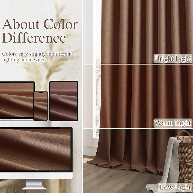 Guken 100% Blackout Curtains 72 Inch Length 2 Panels Set for Living Room Bedroom Back Tab Thermal Insulated Black Out Linen Drapes Room Darkening Window Curtains 72 Inches Long,Rustic Brown