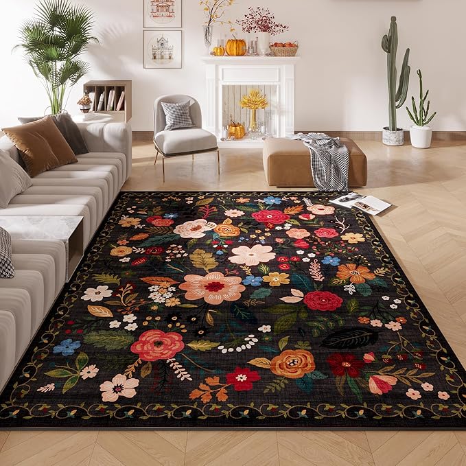Rugcomf Area Rugs 9x12 Living Room Clearance Washable Boho Rug Non Slip Floral Vintage Low Pile Large Rug for Living Room, Bedroom, Farmhouse, Dining Room, Kids Playroom(Black)