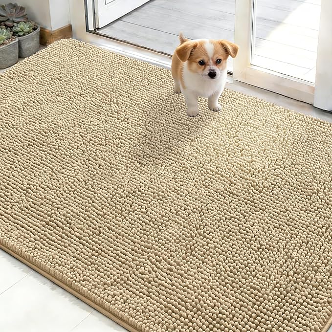 OLANLY Dog Door Mat for Muddy Paws 50x30, Absorbs Moisture and Dirt, Absorbent Non-Slip Washable Doormat, Quick Dry Chenille Mud Mat for Dogs, Entry Indoor Entryway Carpet for Inside Floor, Beige